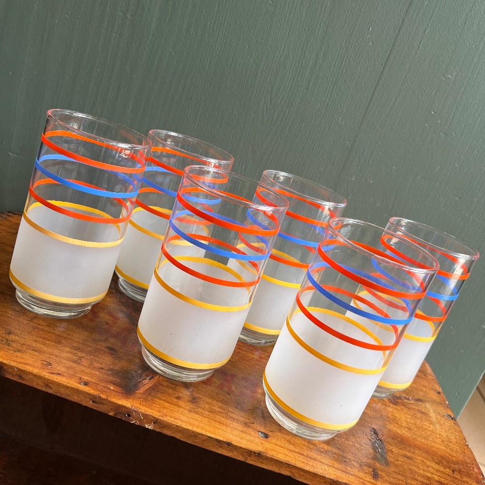 Vintage 60s Libbey Primary Striped Juice Glasses Set of 6